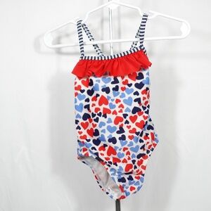 Infant Toddler Red White and Blue Leopard Heart Print Ruffle Swimsuit 12M